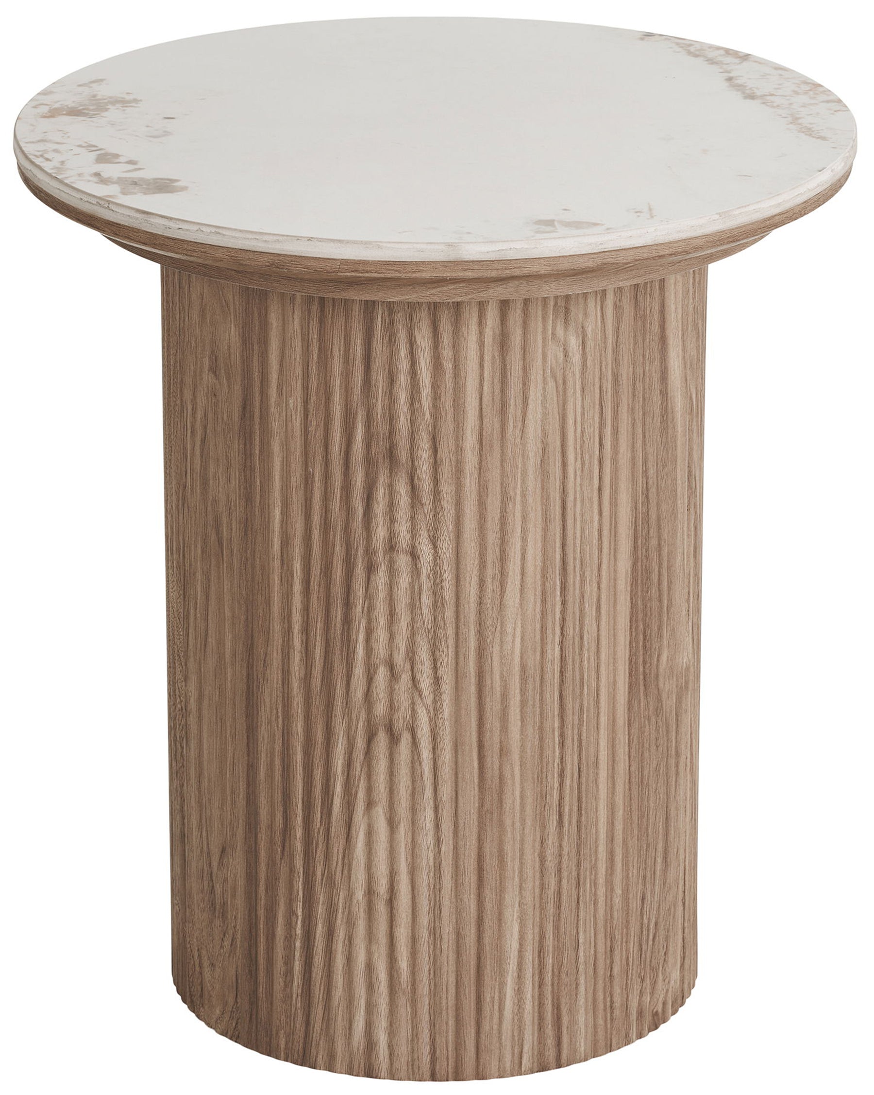 Stolik kawowy Athens okrągły 45 cm z okrągłą podstawą lamele jasny orzech ceramiczny blat
