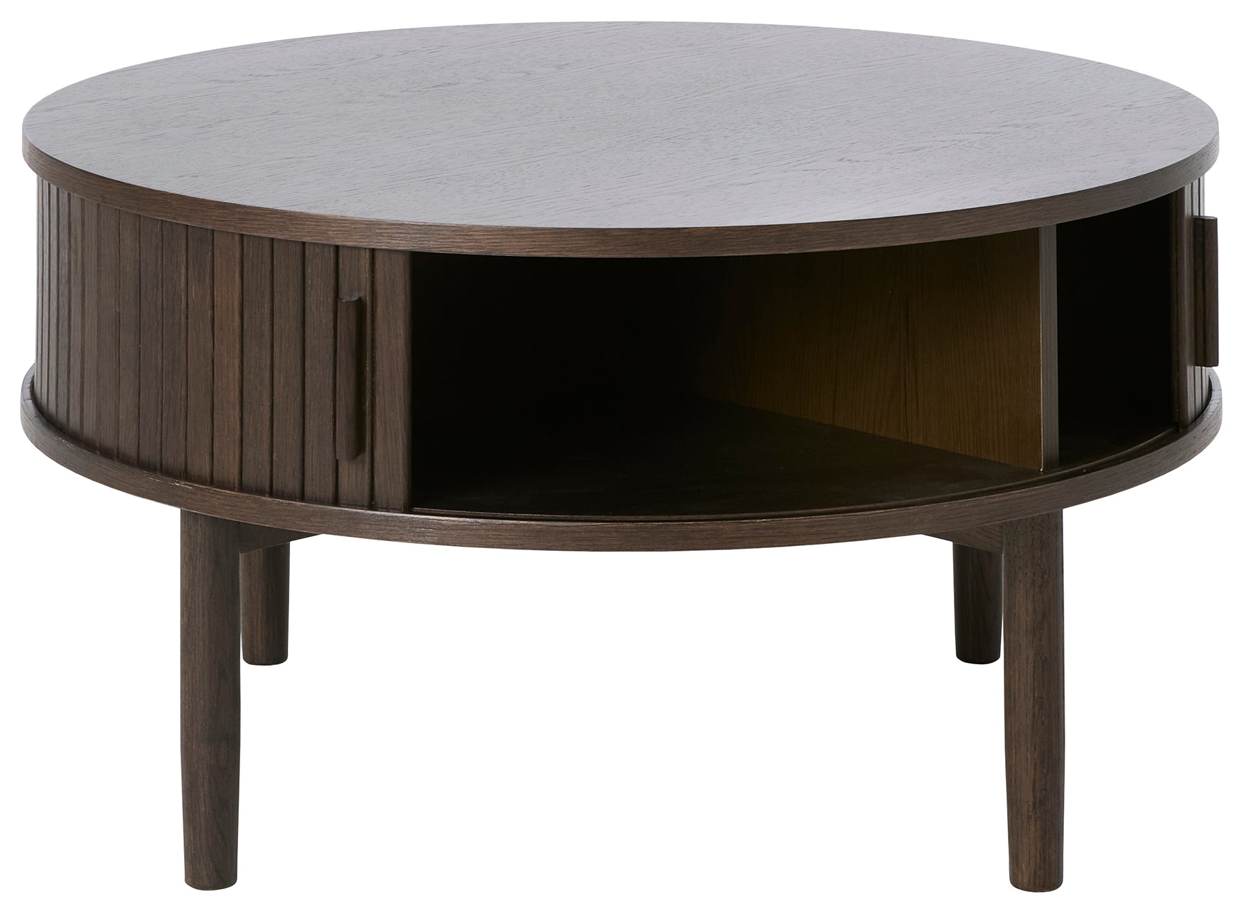 Stolik kawowy Meta okrągły 85 cm lamele z półką dąb ciemny