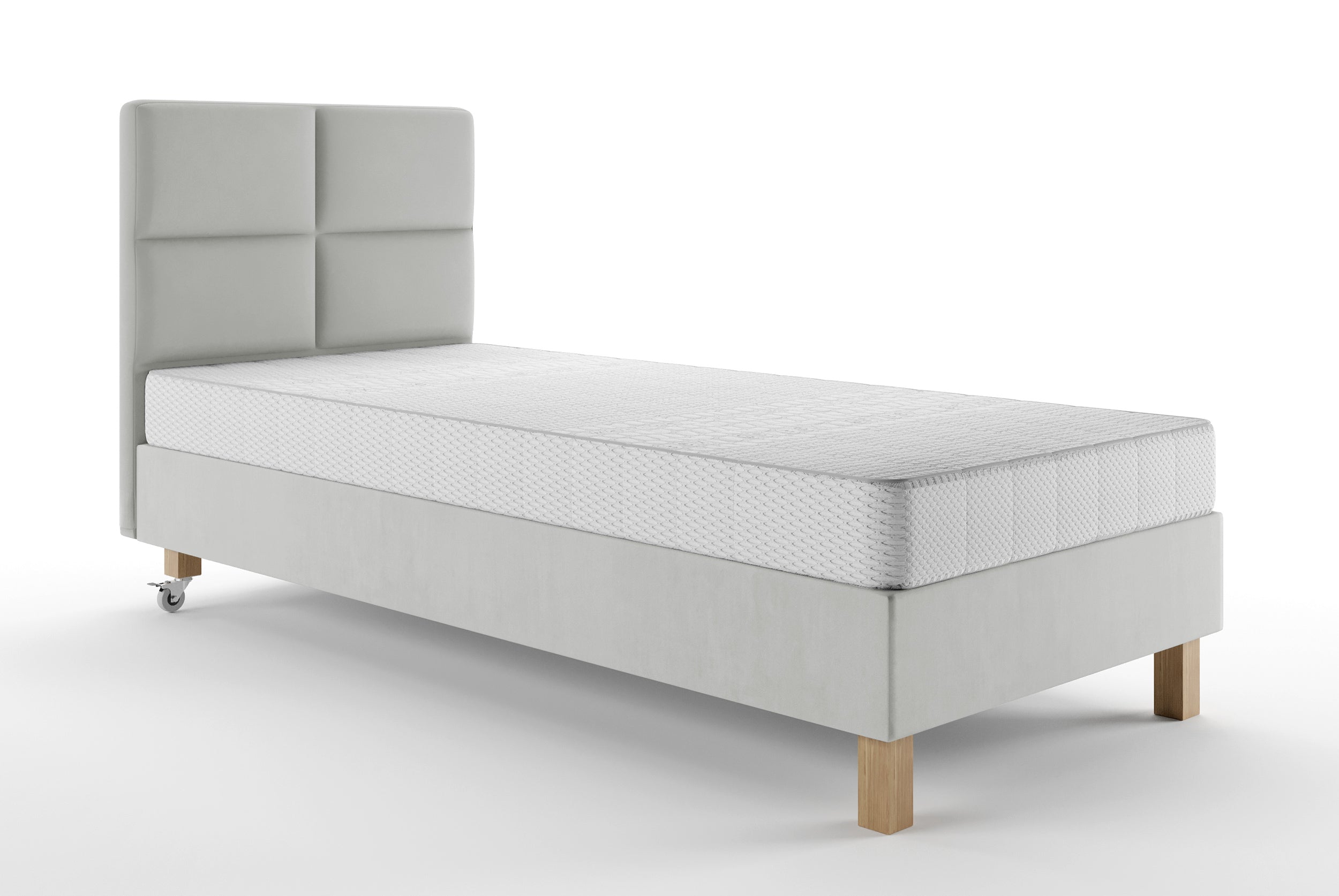 Łóżko tapicerowane 90x200 cm Donbay z wezglowiem panelowym i materacem kieszeniowym jasnoszare welur hydrofobowy