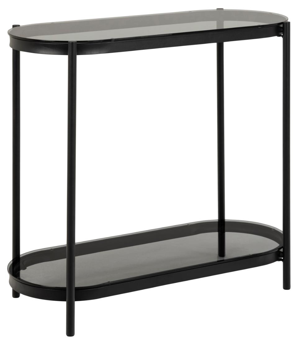 Owalna konsola Aykal czarna z dymionym szklanym blatem i półką na metalowej podstawie 86x35x76 cm