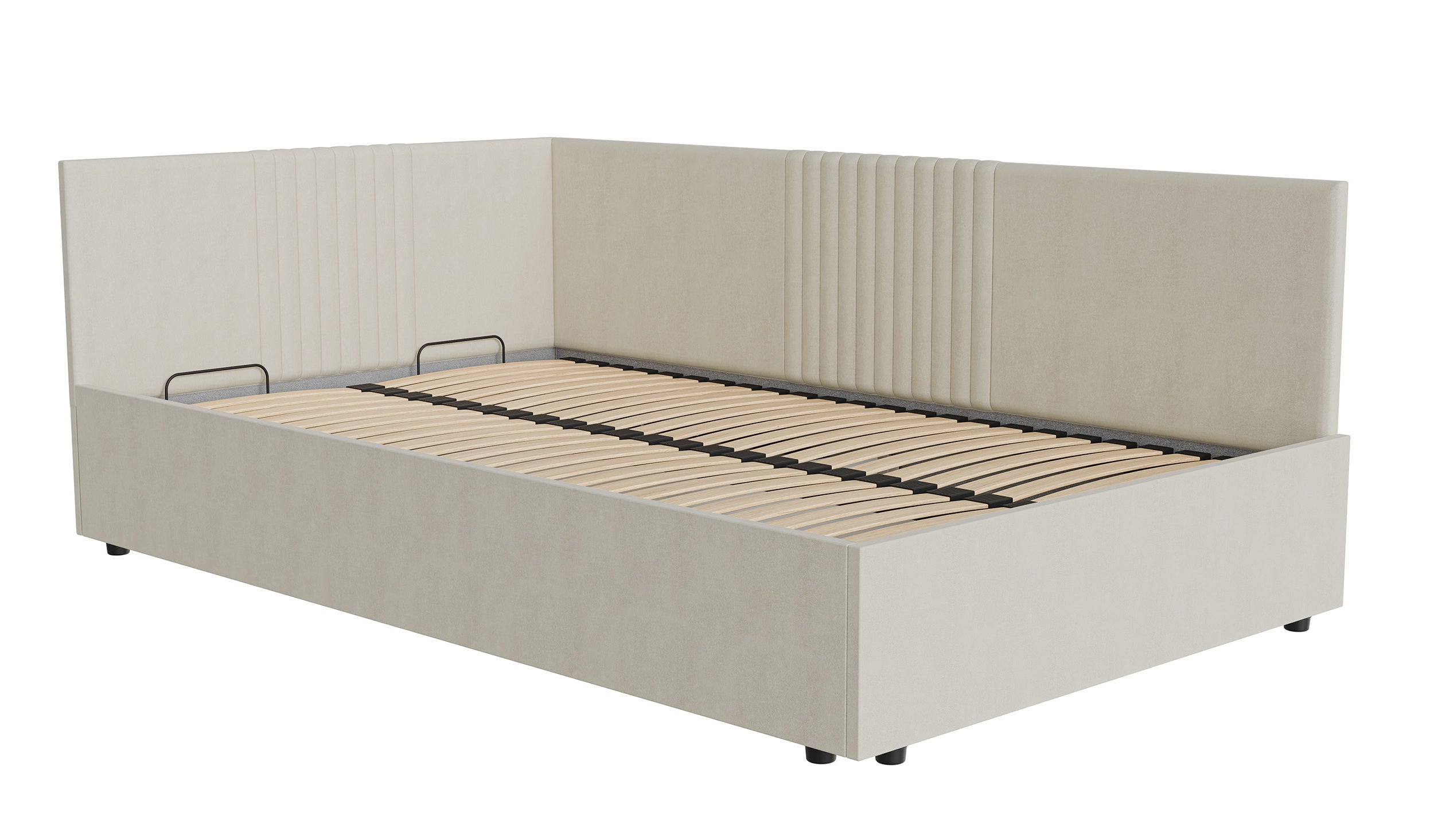 Łóżko młodzieżowe 120x200 cm Novede uniwersalne z pojemnikiem stelaż metalowy beżowe welur łatwoczyszczący