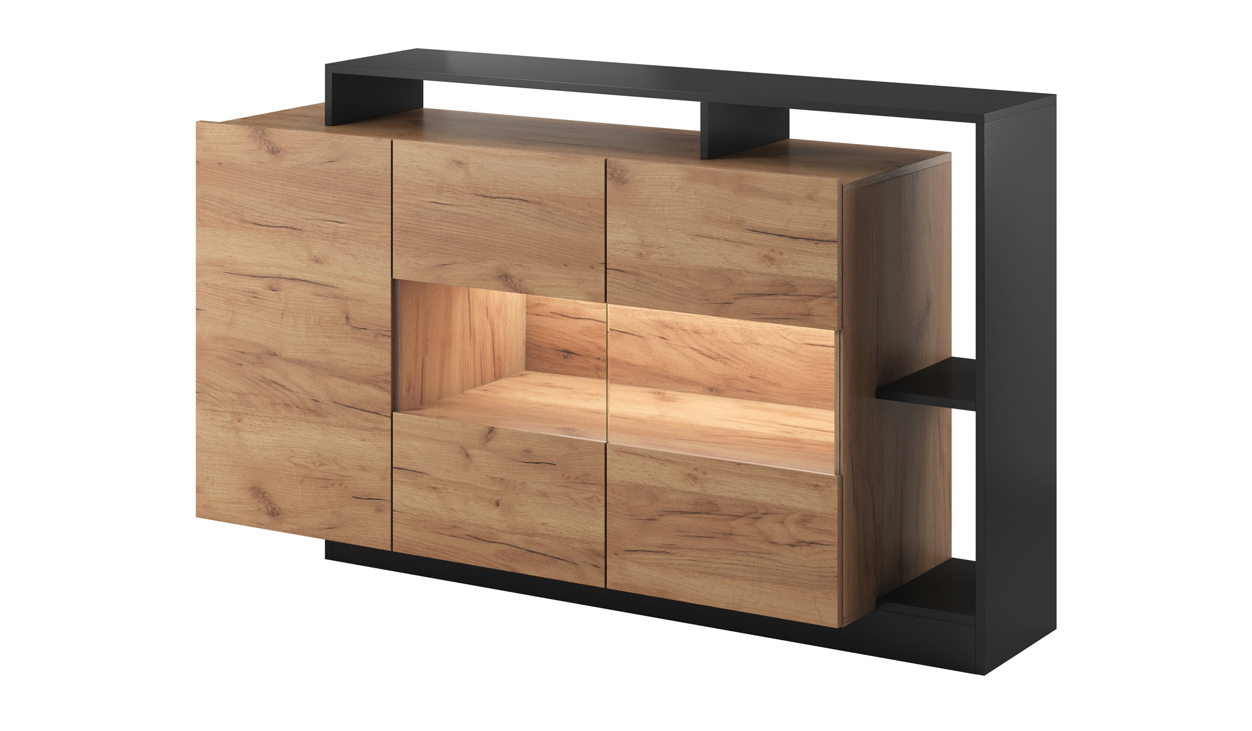 Komoda trzydrzwiowa Hirvli 155 cm dąb Craft złoty/antracyt z oświetleniem