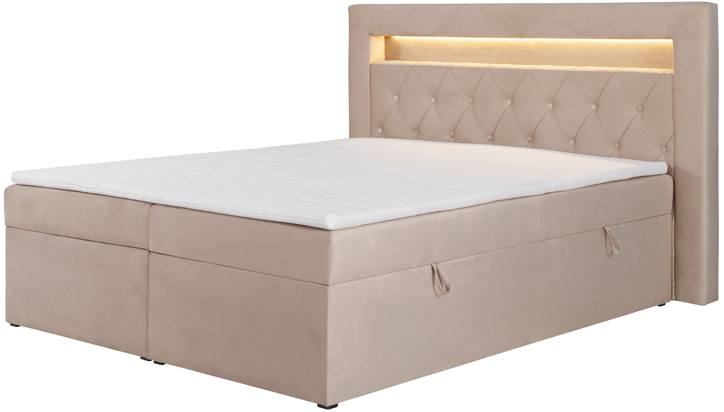 Łóżko kontynentalne 180x200 cm Goldess z pojemnikami i oświetleniem LED beżowe welwet