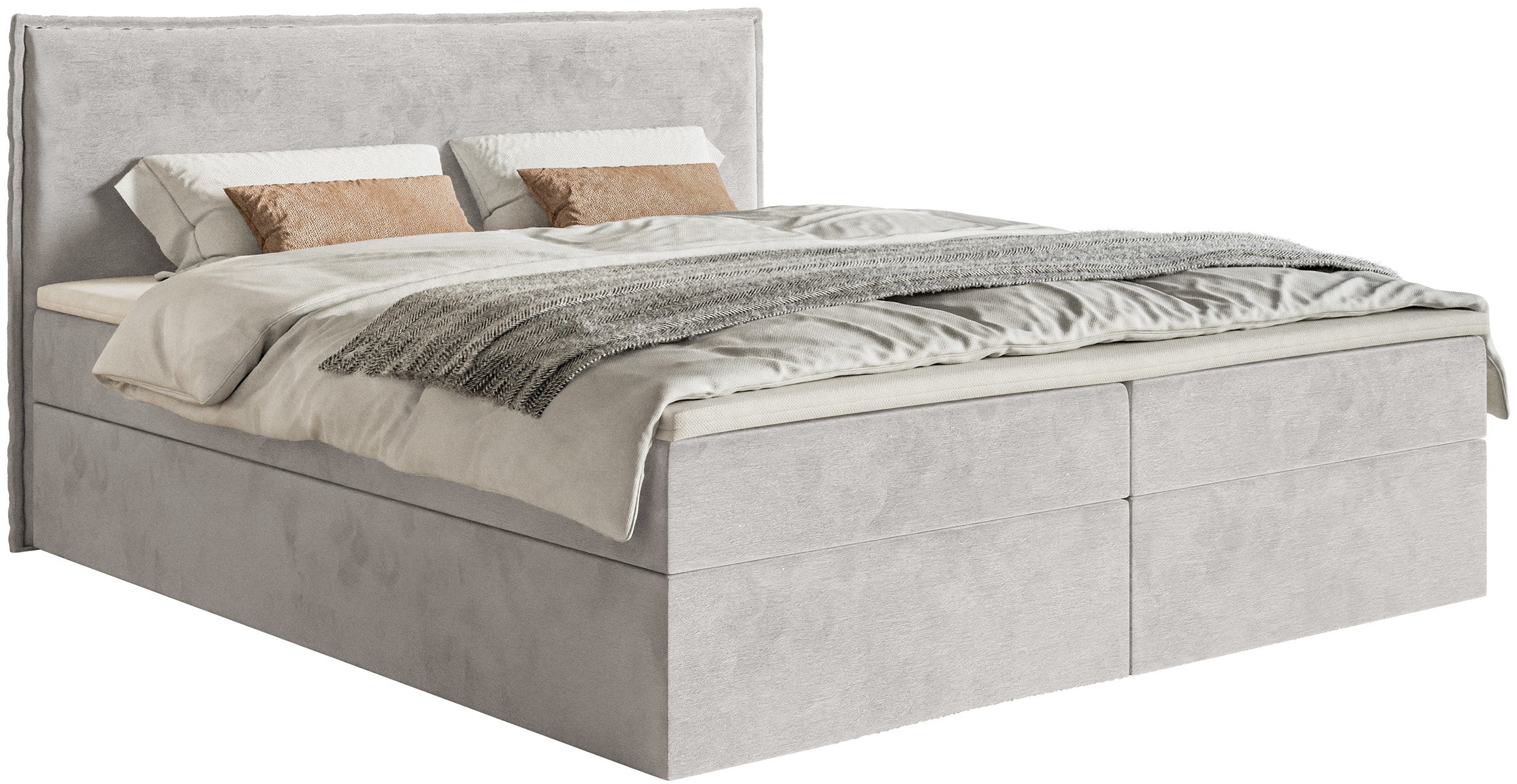 Łóżko kontynentalne 180x200 cm Softie z pojemnikami i topperem jasnoszare welur hydrofobowy