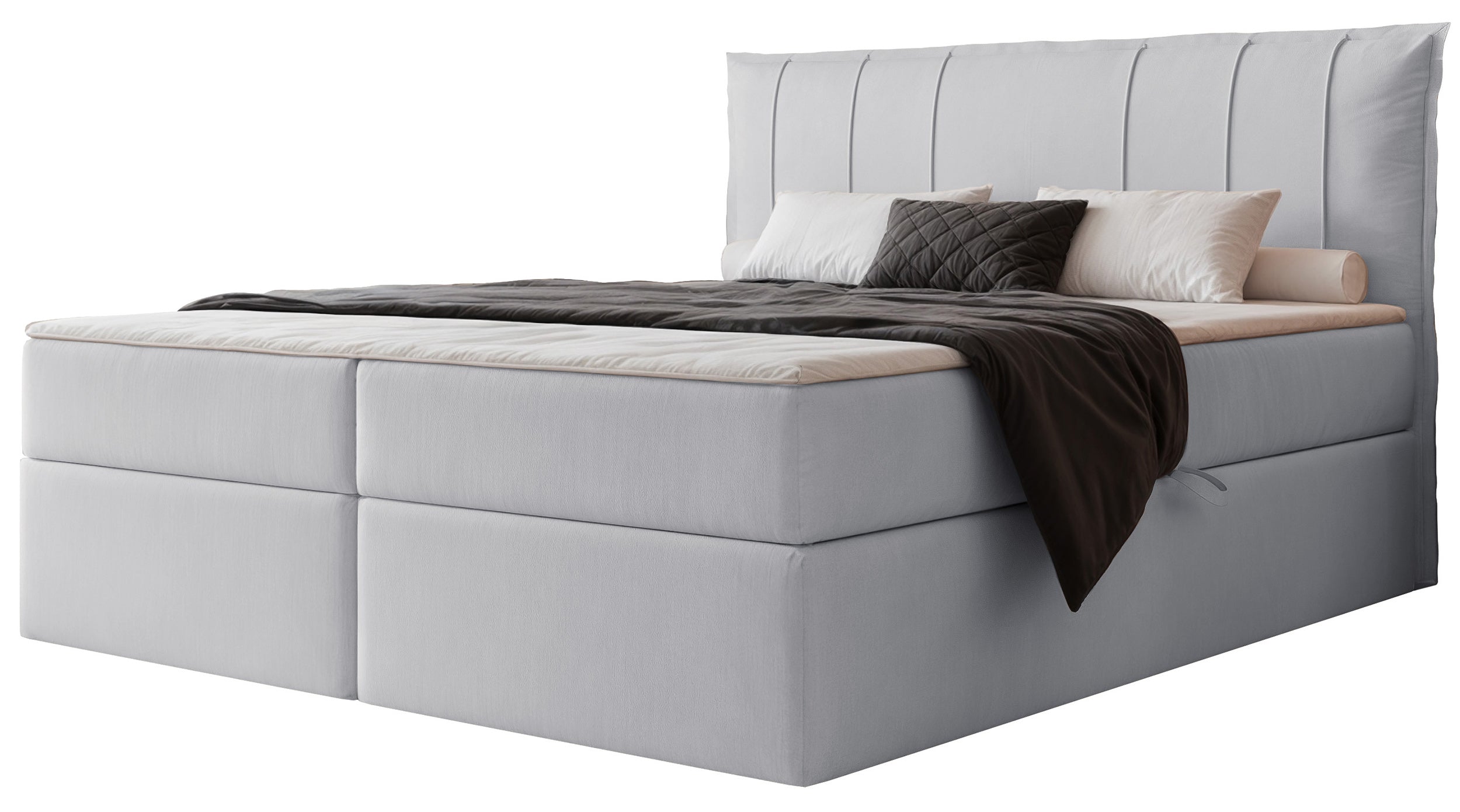 Łóżko kontynentalne 140x200 cm Moly z materacem bonellowym i topperem jasnoszare welur hydrofobowy