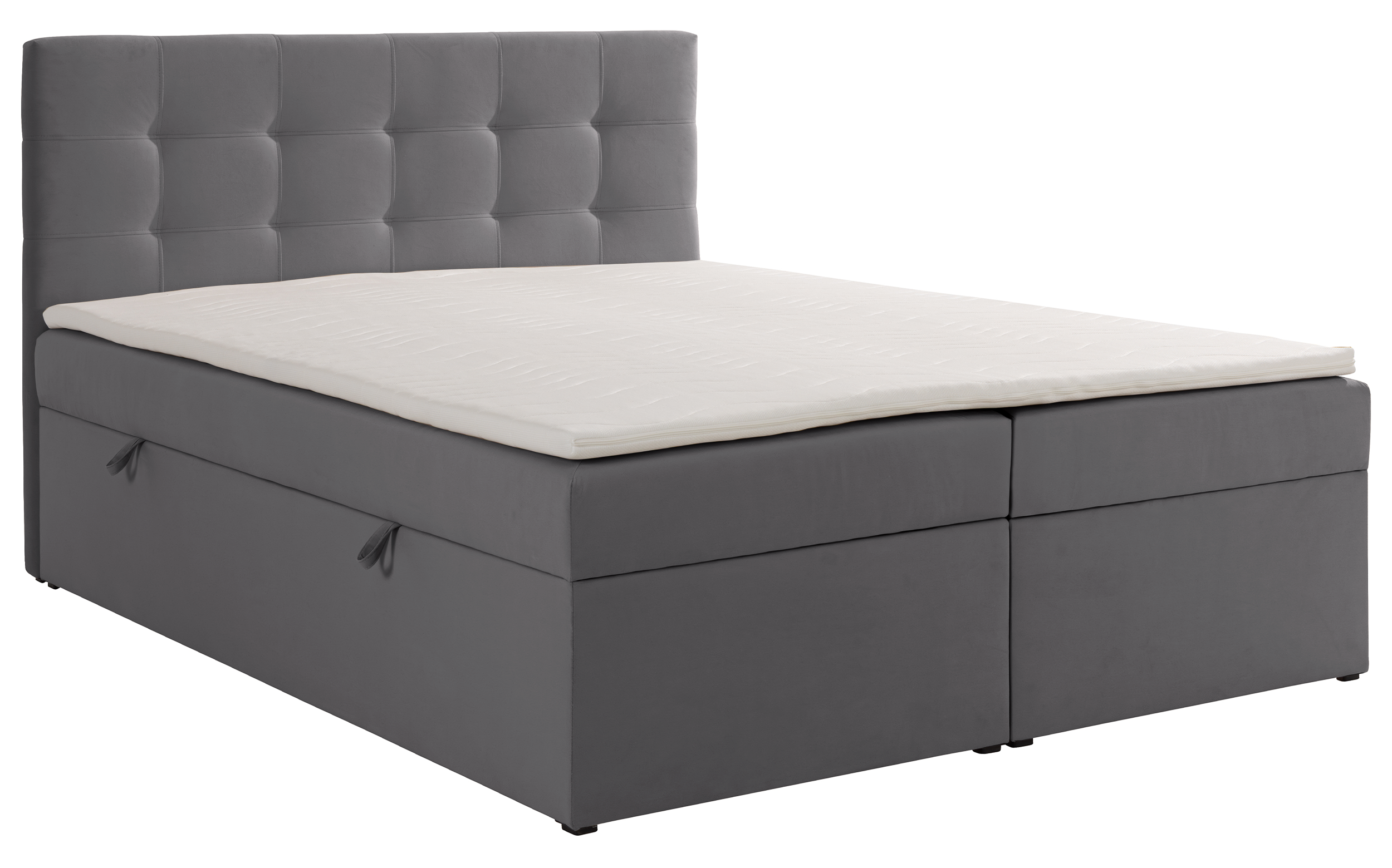 Łóżko kontynentalne 180x200 cm Ronneo z pojemnikami i topperem popielate welur