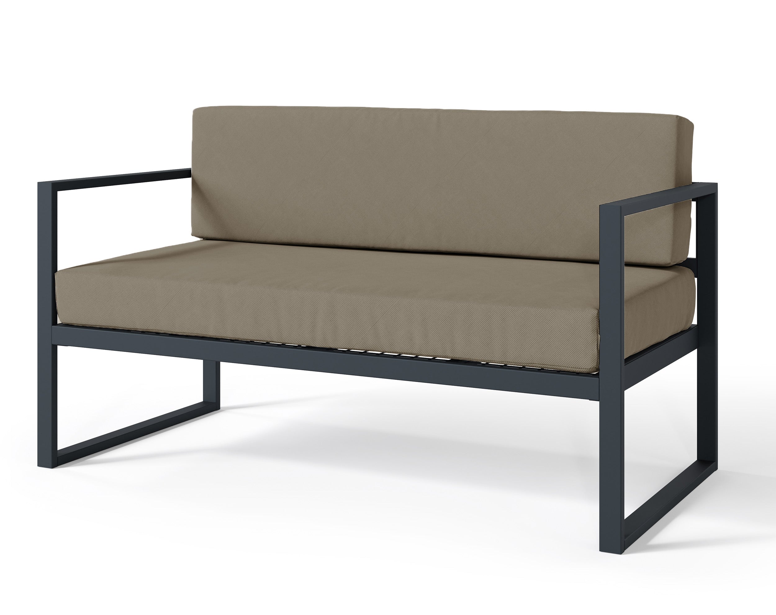 Sofa ogrodowa dwuosobowa Dywilly w tkaninie hydrofobowej jasnobrązowa/ czarny stelaż