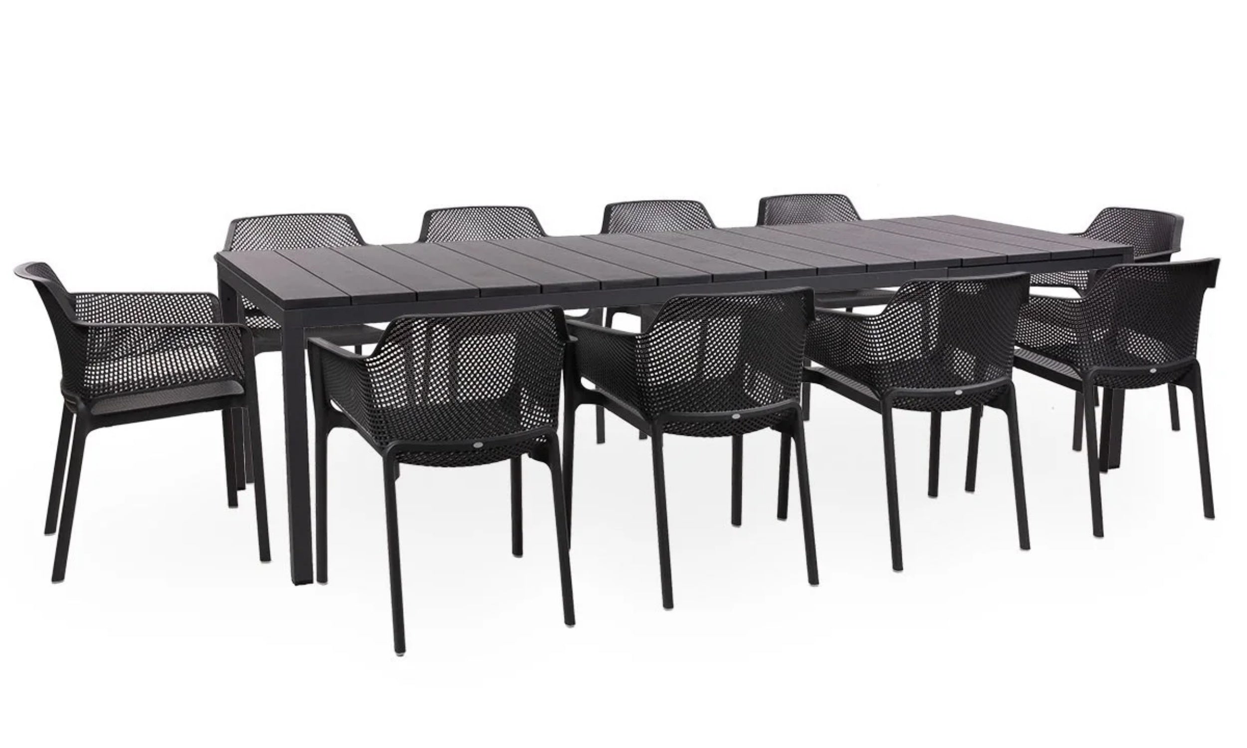 Zestaw ogrodowy rozkładany stół Rio 210-280x100 cm i 10 krzeseł Net Nardi z certyfikowanego tworzywa antracytowy