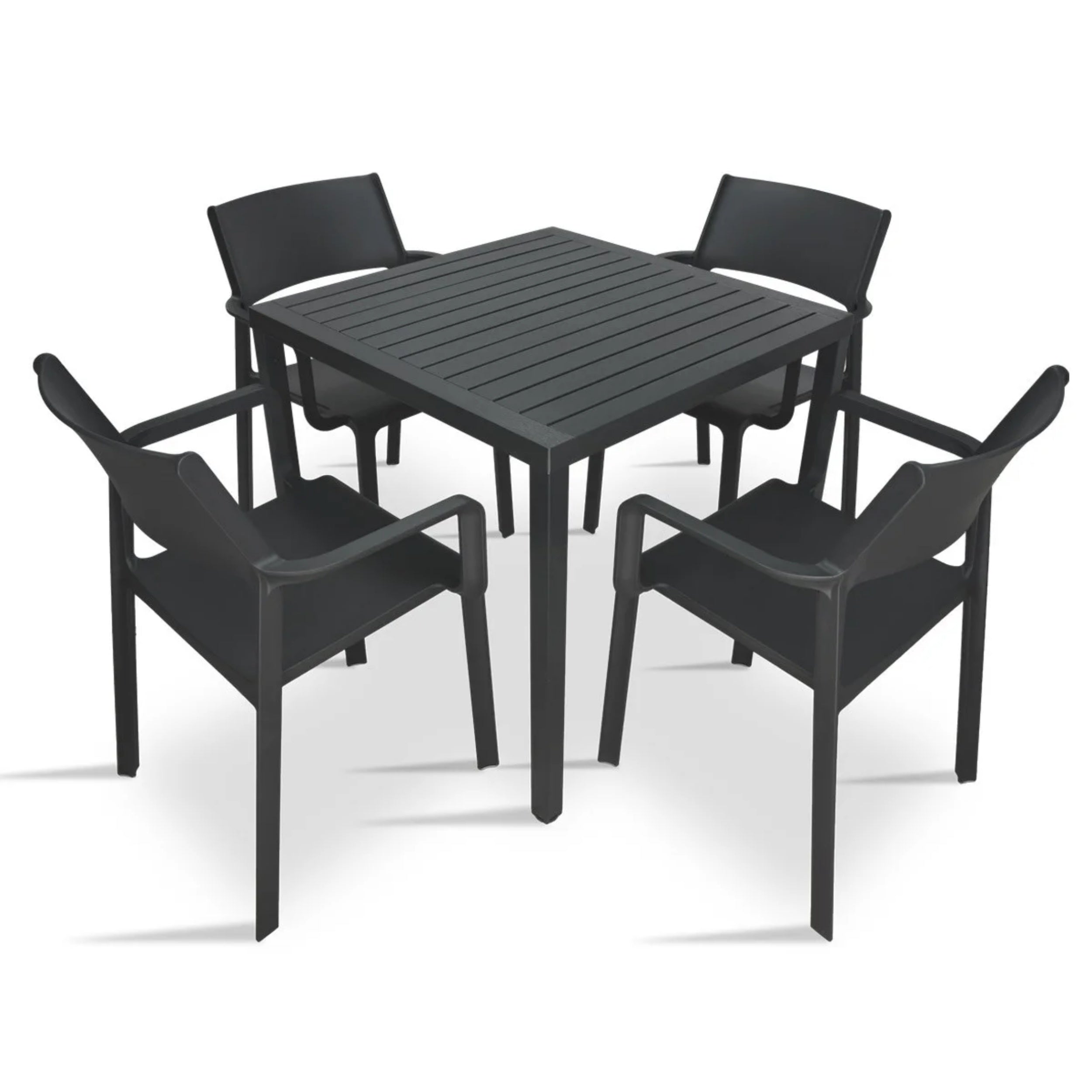 Zestaw ogrodowy stół kwadratowy Cube 70 cm i 4 krzesła z podłokietnikami Trill Nardi z certyfikowanego tworzywa antracytowy
