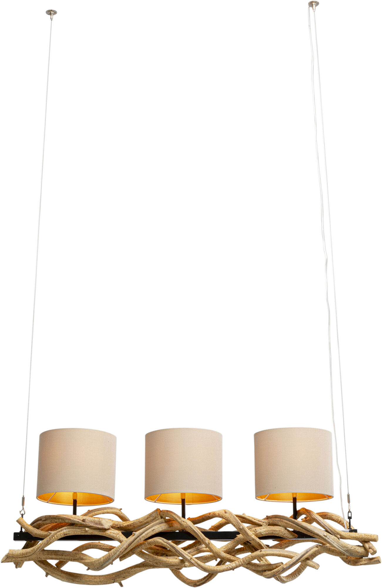 Lampa wisząca drewno naturalne i stal czarna 115 cm klosze lniane beżowe