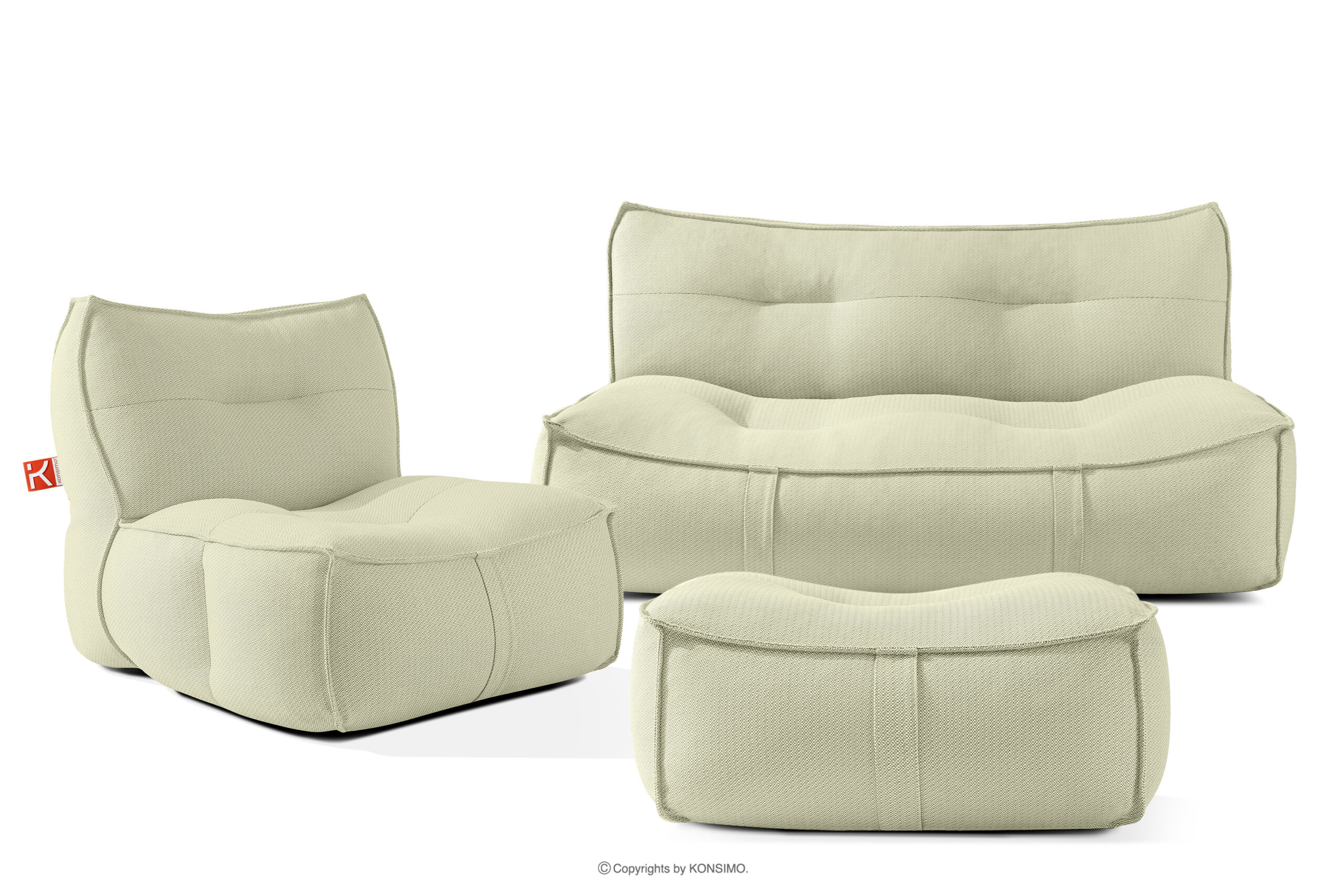 Zestaw ogrodowy fotel sofa i puf w tkaninie plecionej outdoorowej jasny zielony/biały LOVIA - kolor jasny zielony/biały - KONSIMO. internetowy sklep meblowy online - salony Poznań, Leszno