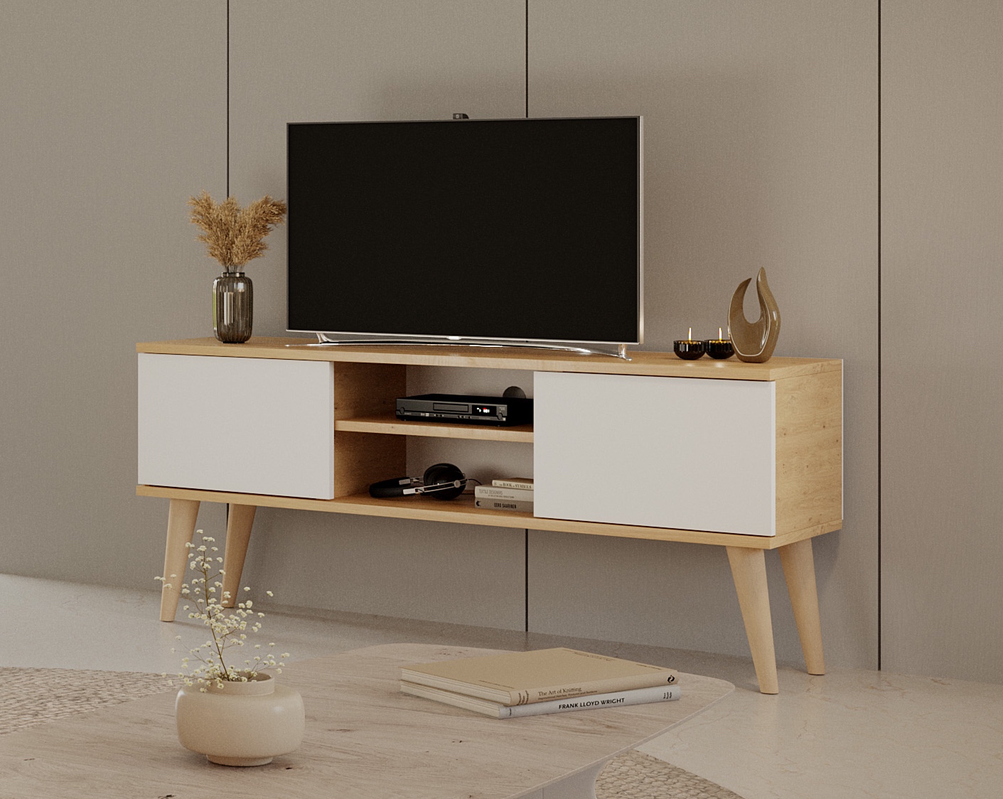 Nowoczesna szafka RTV na wysokich nóżkach Toronto 120 dąb artisan/biały