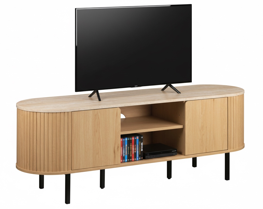 Owalna szafka RTV do salonu ryflowana Fabia 140 cm, dąb/trawertyn