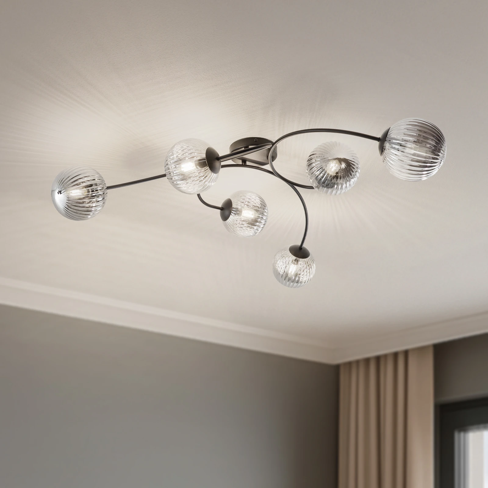 Lampa sufitowa Vibra, dymny szary/czarny, długość 97 cm, 6-punktowa.