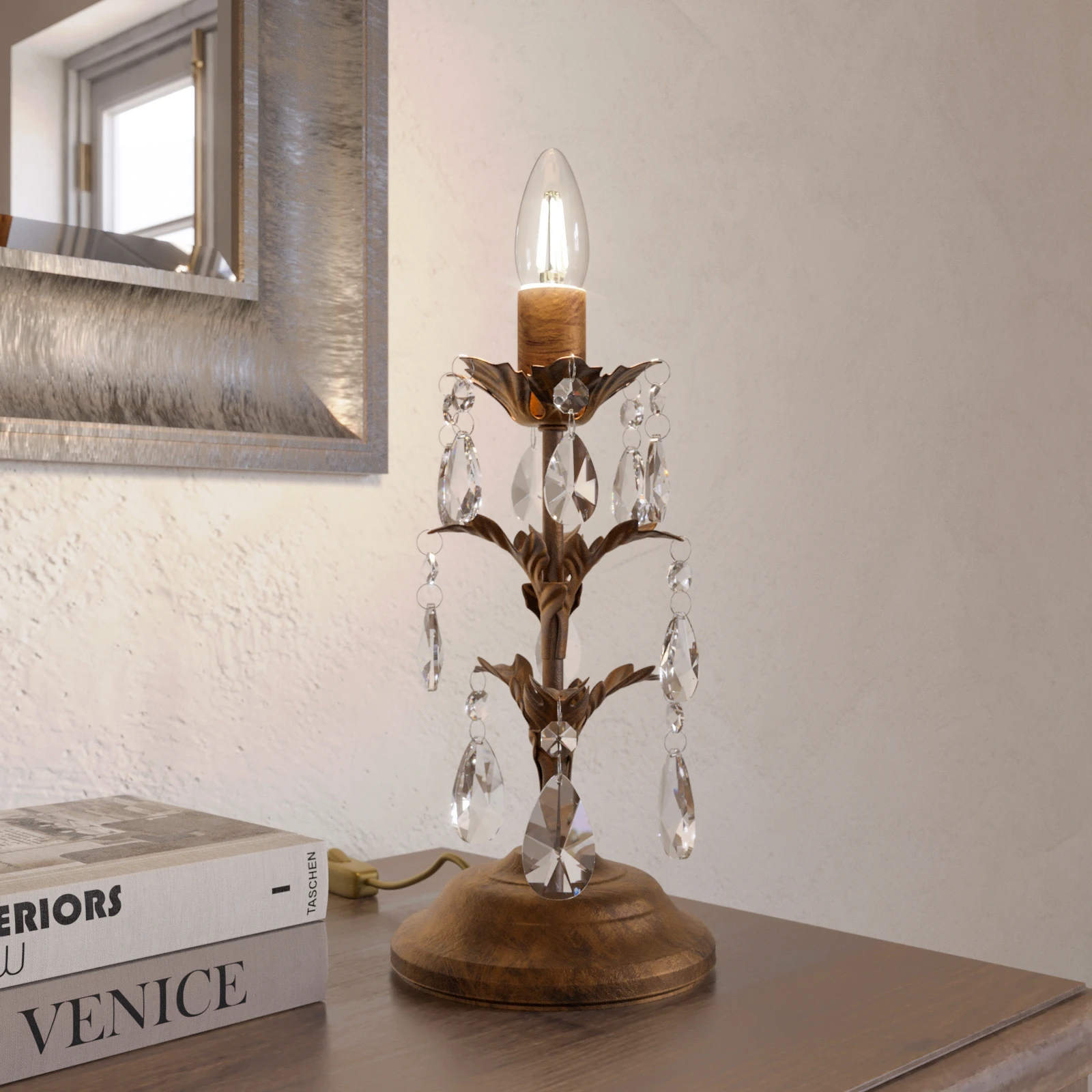 Lampa stołowa Teresa z kryształami, bez klosza