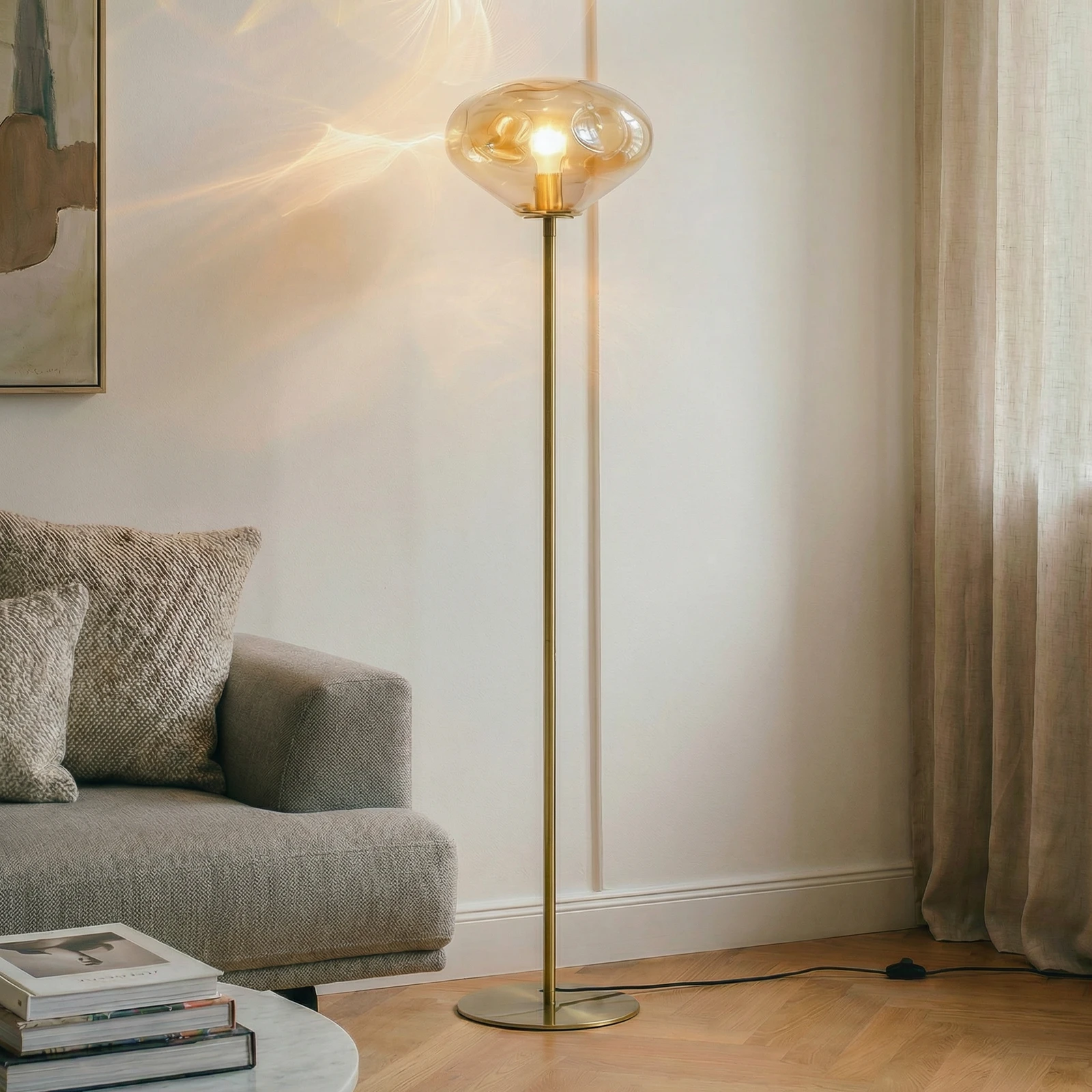 Lindby Lampa stojąca Lelia, bursztyn, szkło, metal, 150 cm