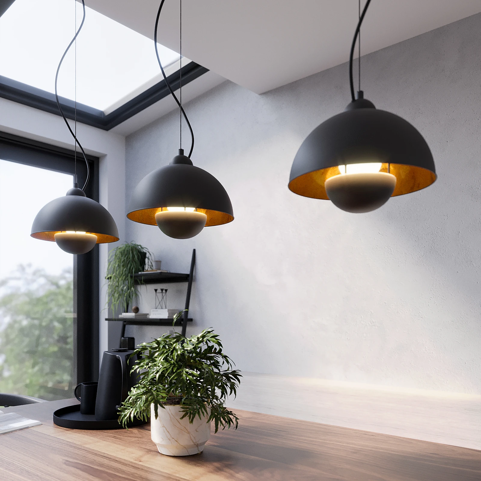 Lampa wisząca Gretja, 3-punktowa, czarno-złota
