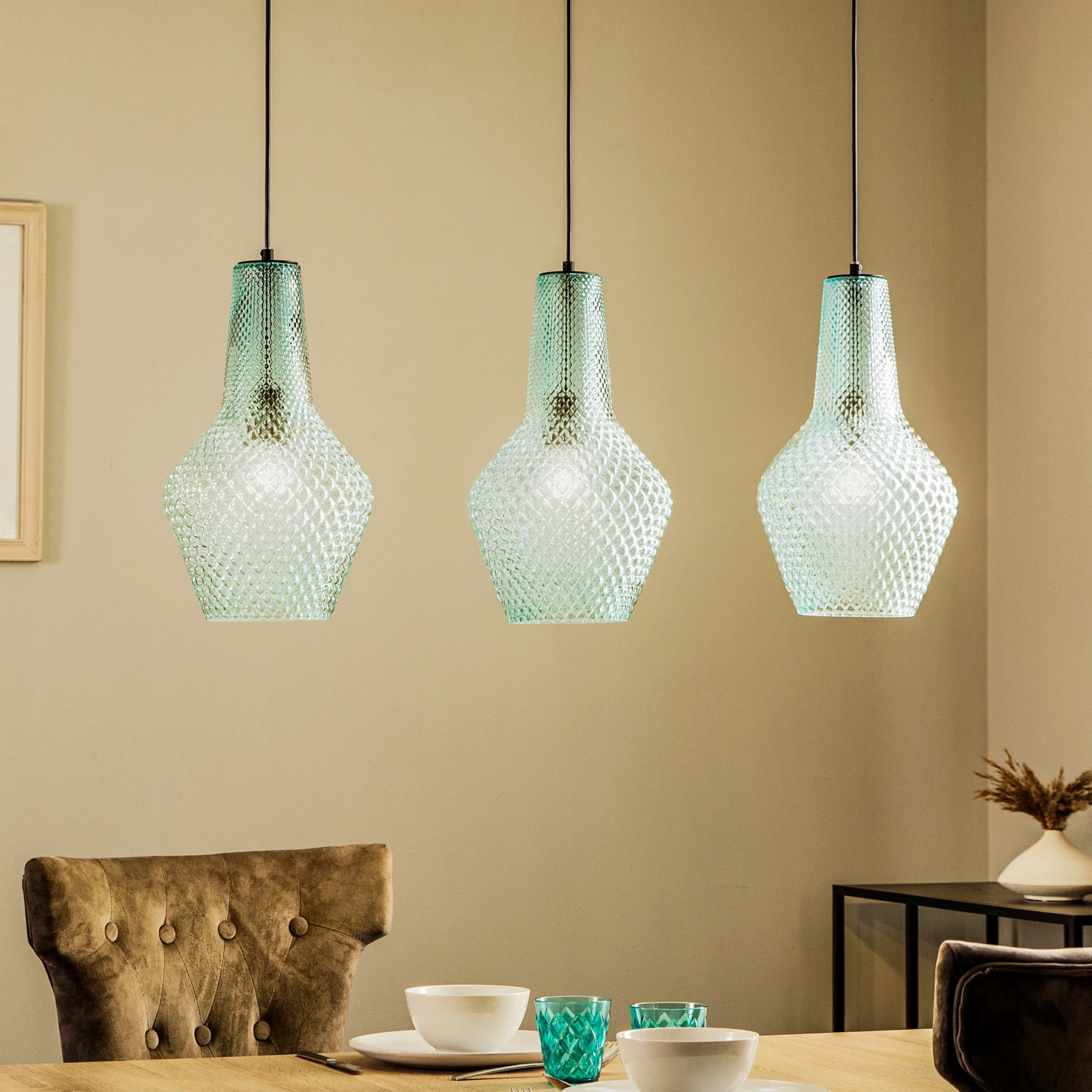 Lampa wisząca Lindby Drakar, 3-punktowa, jasnoniebieska, szkło, Ø 25 cm