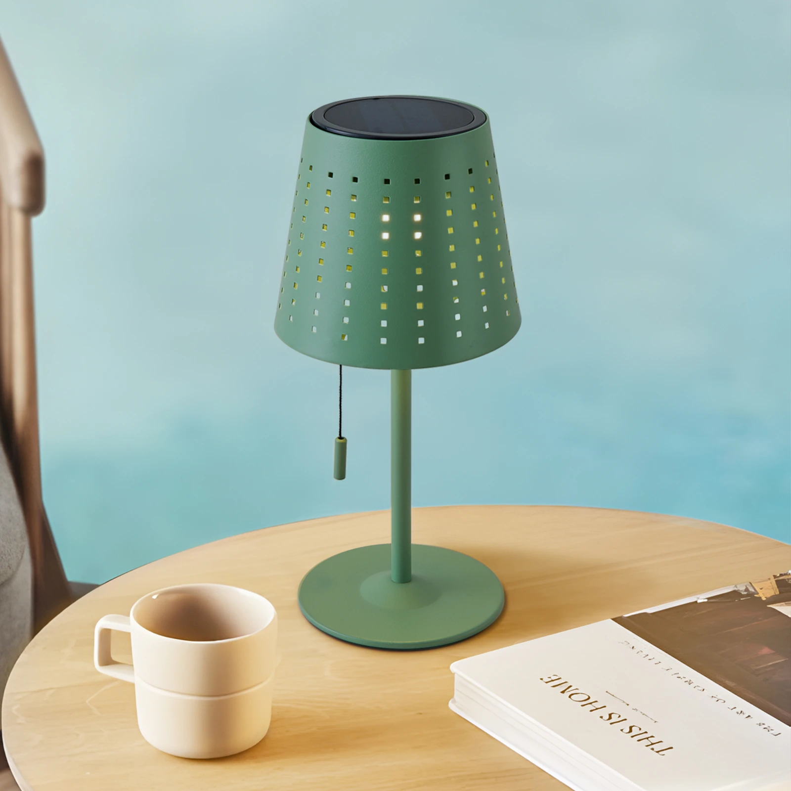 Lampa stołowa solarna LED Lindby Hilario, zielona, żelazo, akumulator