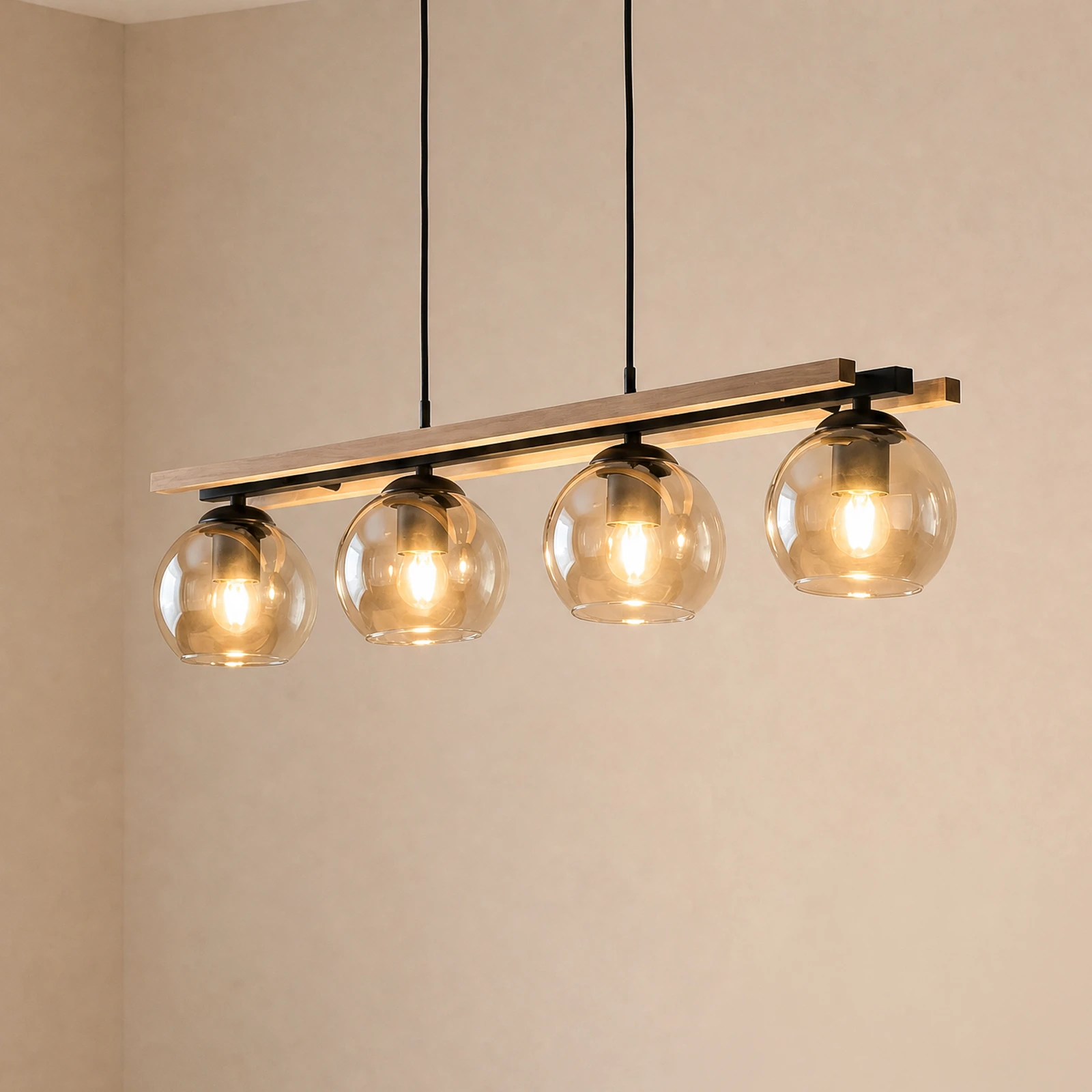 Lampa wisząca Lindby Enrique, bursztynowy, 4-punktowa, szkło, drewno, E27