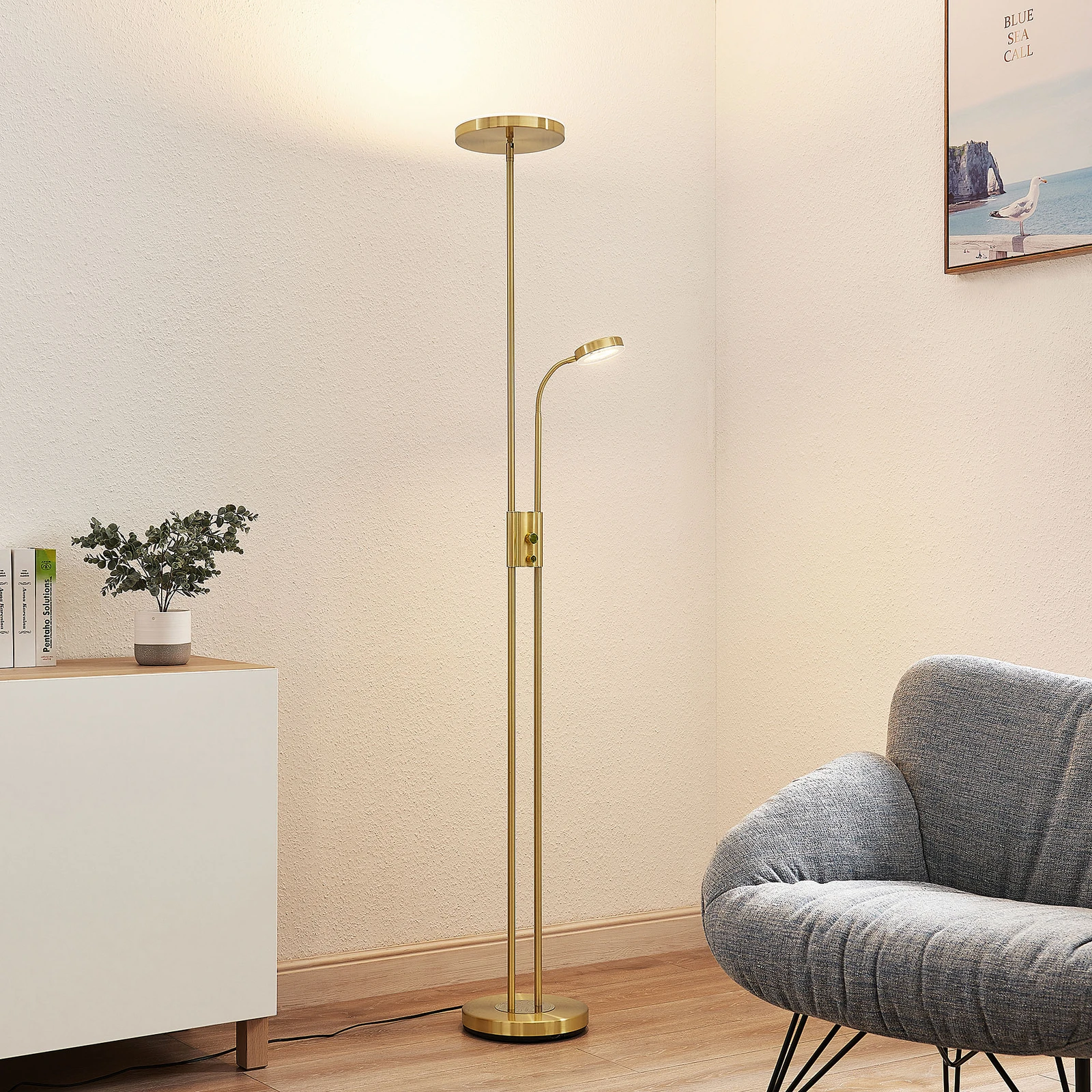 Lindby Lampa stojąca LED Seppa, okrągła, mosiężna, metalowa, 180 cm