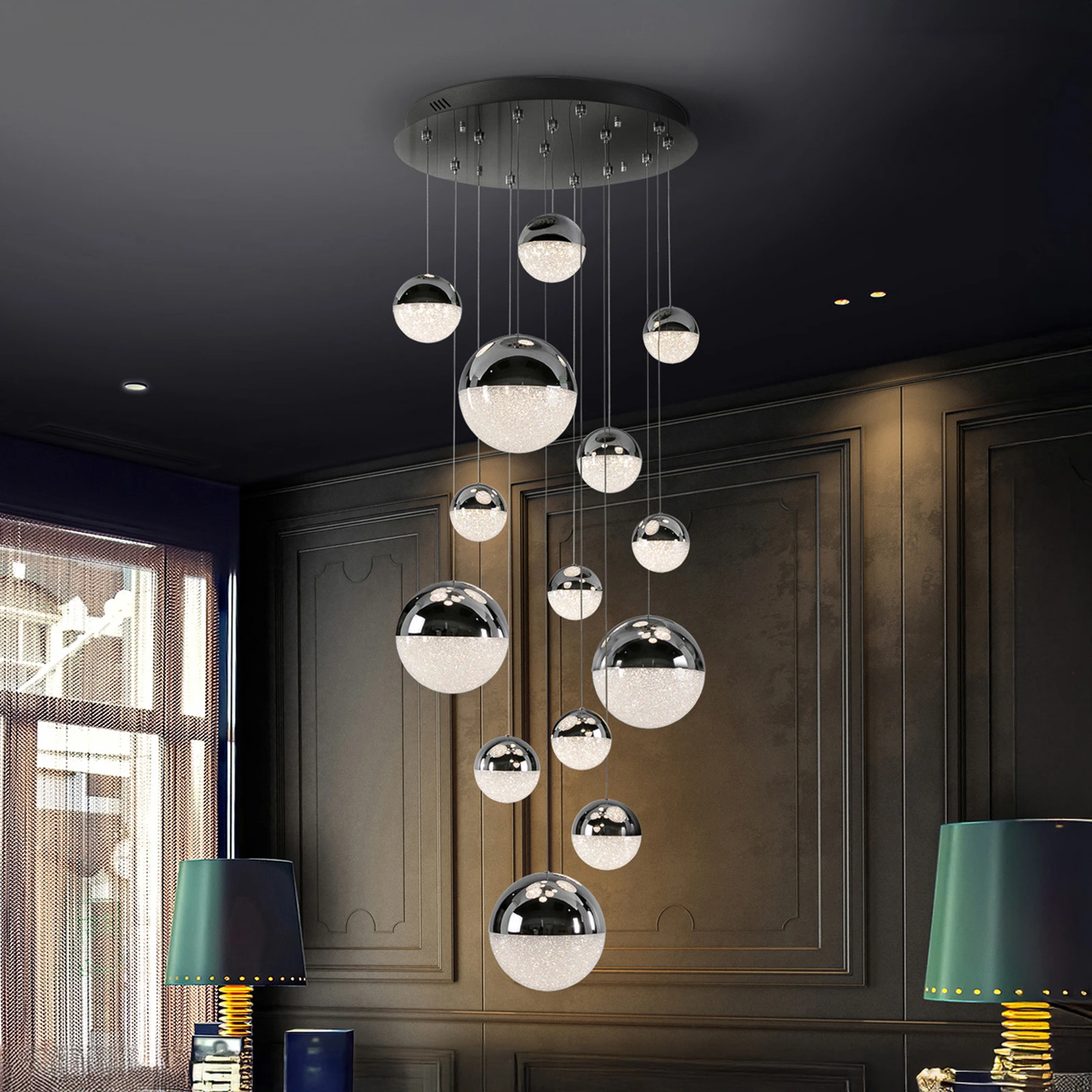 Lampa wisząca LED Sphere, 14 świateł, chrom, ściemniana, Ø 60 cm
