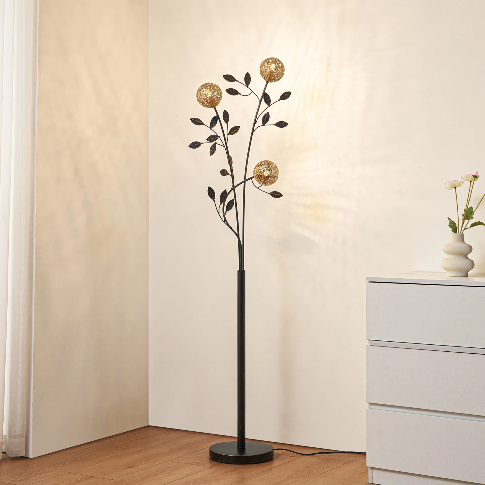 Lampa stojąca Lucande Evory, 160 cm, 3-punktowa, czarny/złoty, G9