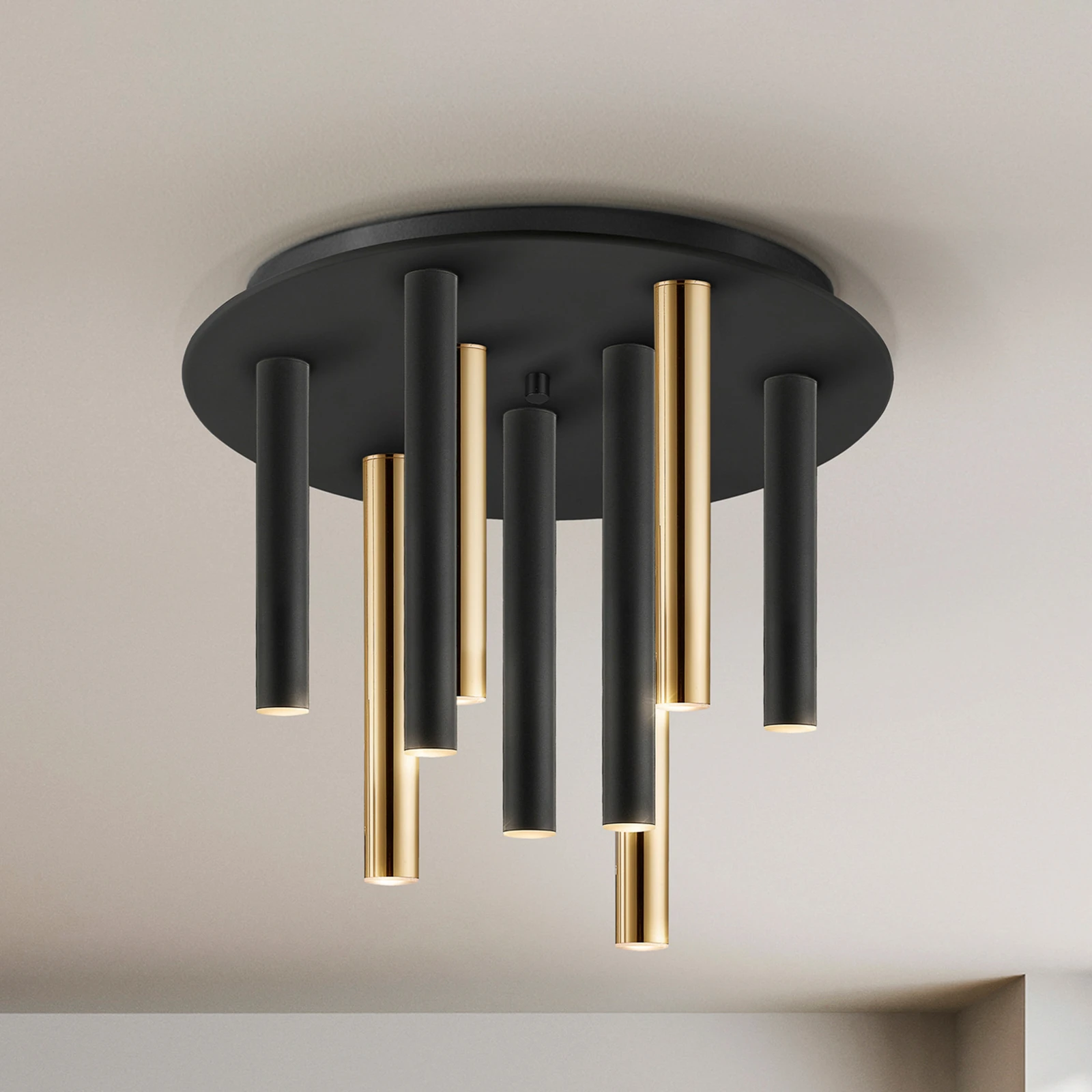 Lampa sufitowa LED Varas ściemniana, 9-punktowa, złota/czarna, metalowa