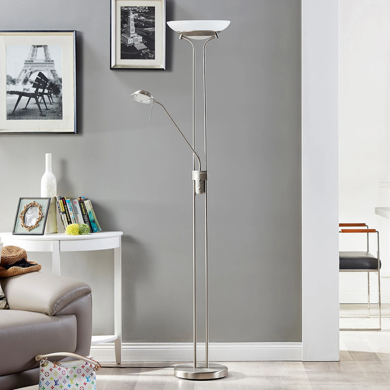 Lampa stojąca LED Lindby Yveta, kolor nikiel, metal, ściemniany