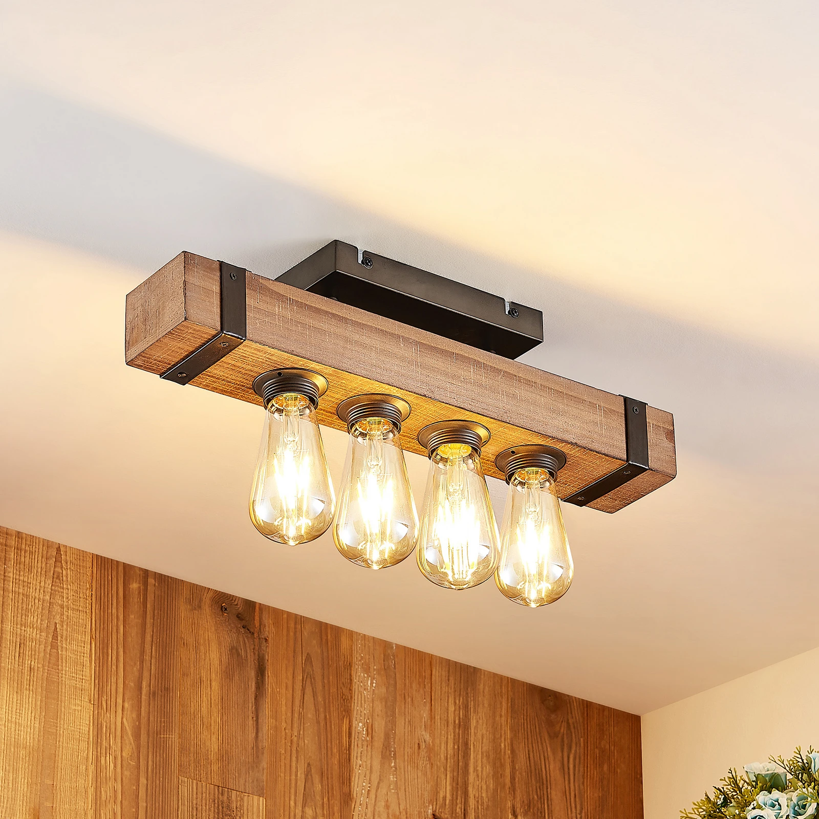 Lampa sufitowa Lindby Sverina, 46 cm, brąz, drewno, metal