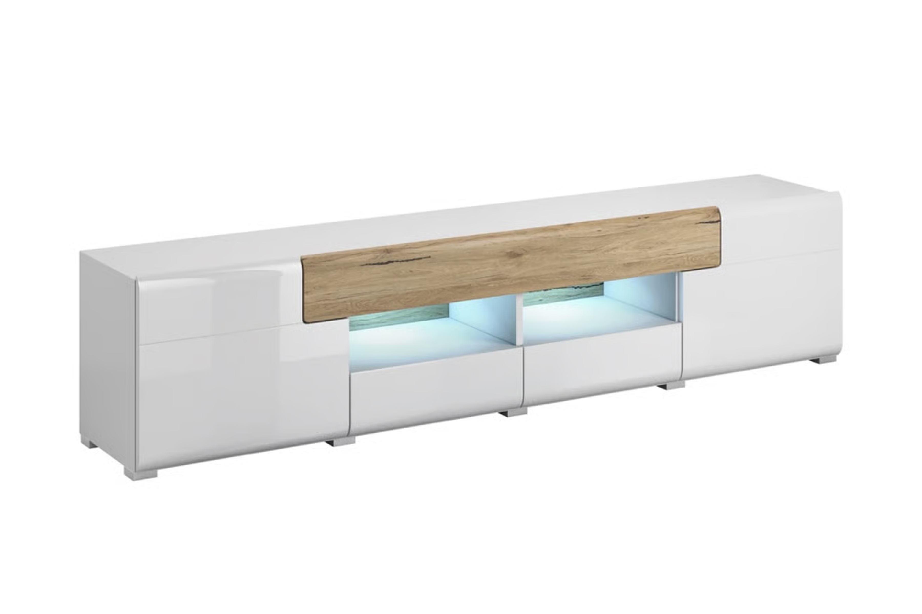 Szafka RTV Toledo 40 z trzema szufladami i wnęką 208 cm - biały połysk / san remo