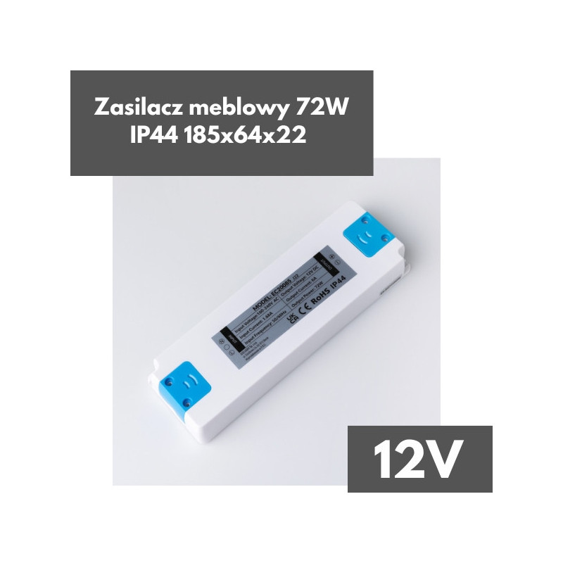 Zasilacz Meblowy 72W 12V Ip44 185X64X22