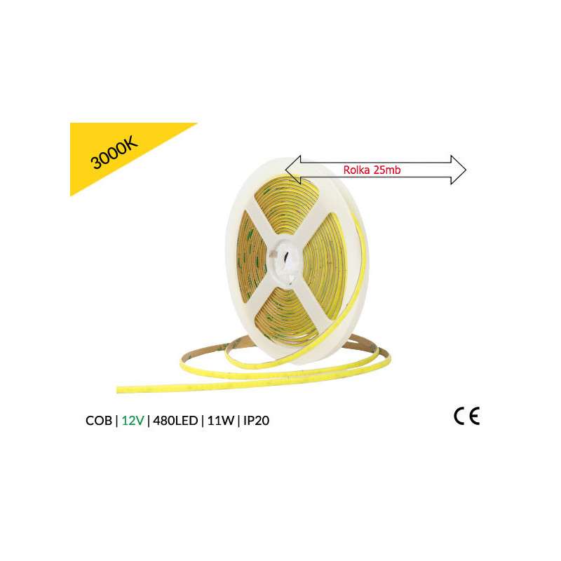 25Mb / Taśma Led 12V / Cob / 11W / 480Led / Ip20 / 3000K / 95Lm/W / Ra 90 / 8Mm