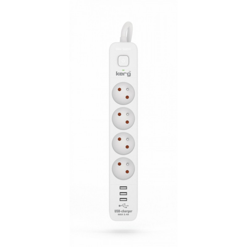 Urządz. Zas.-Zabezpiecz. Kerg Z Wyłącznikiem-4 Gniazda-3Usb-Biało-Szary-5M-16A-H05Vv-F-3X1,5Mm2