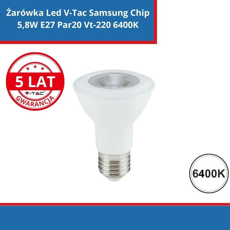 Żarówka Led V-Tac Samsung Chip 5,8W E27 Par20 Vt-220 6400K 5 Lat Gwarancji