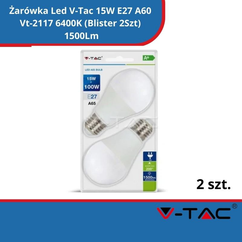 Żarówka Led V-Tac 15W E27 A60 Vt-2117 6400K (Blister 2Szt) 1500Lm