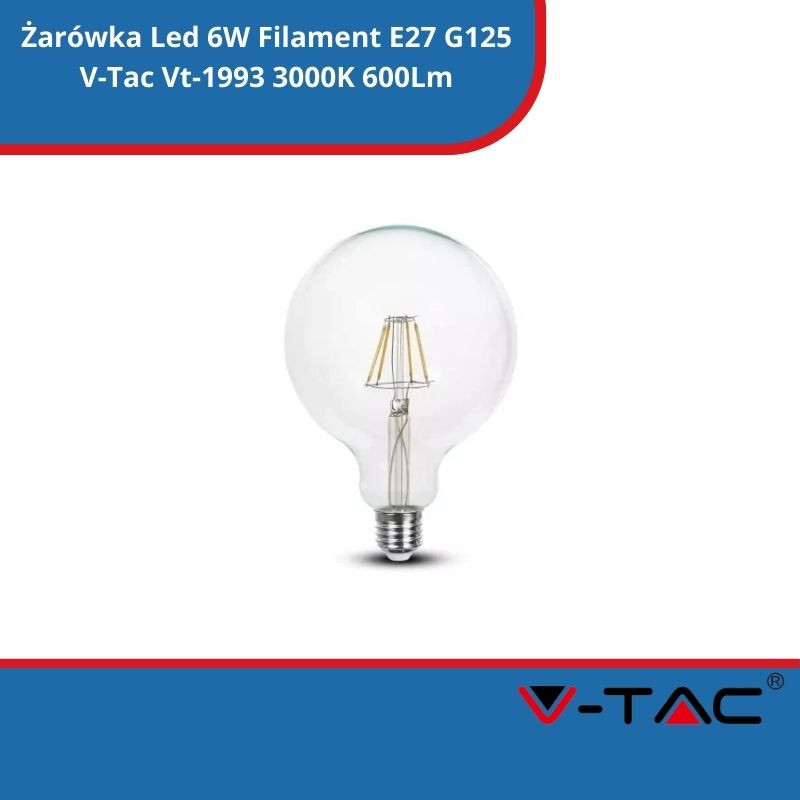 Żarówka Led 6W Filament E27 G125 V-Tac Vt-1993 3000K 600Lm