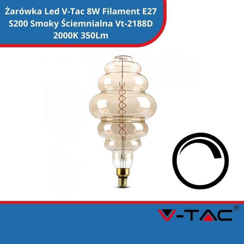 Żarówka Led V-Tac 8W Filament E27 S200 Smoky Ściemnialna Vt-2188D 2000K 350Lm