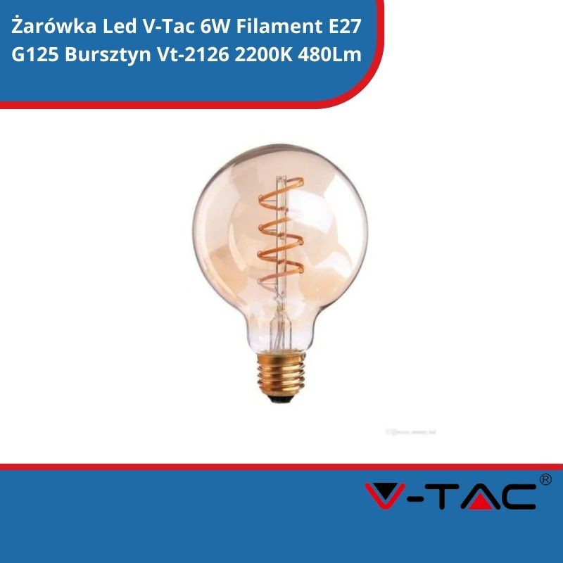 Żarówka Led V-Tac 6W Filament E27 G125 Bursztyn Vt-2126 2200K 480Lm
