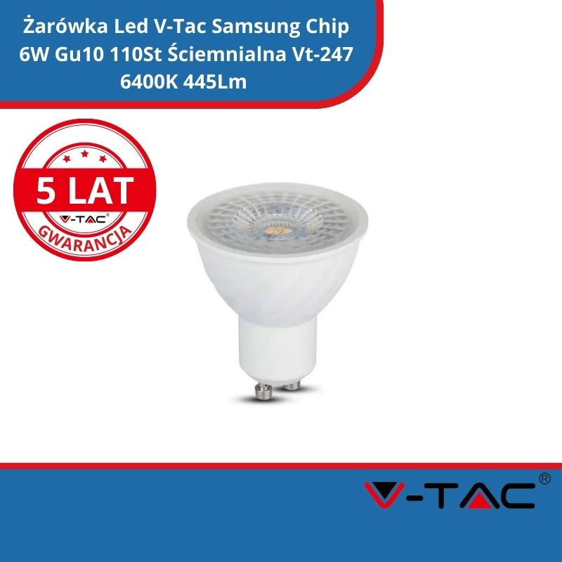 Żarówka Led V-Tac Samsung Chip 6W Gu10 110St Ściemnialna Vt-247 6400K 445Lm 5 Lat Gwarancji