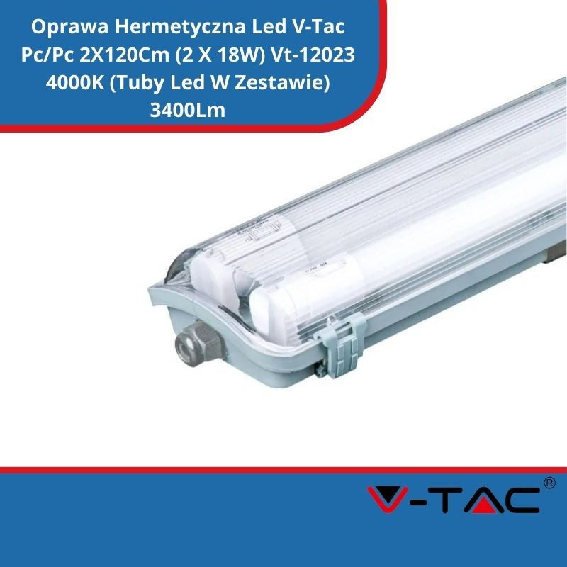 Oprawa Hermetyczna Led V-Tac Pc/Pc 2X120Cm (2 X 18W) Vt-12023 4000K (Tuby Led W Zestawie) 3400Lm