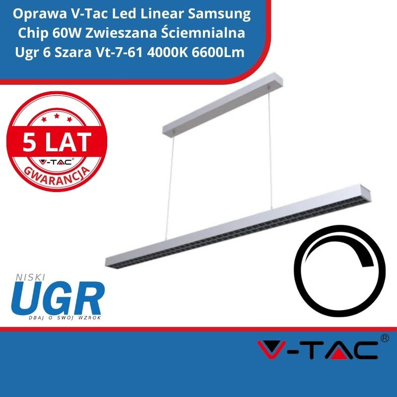 Oprawa V-Tac Led Linear Samsung Chip 60W Zwieszana Ściemnialna Ugr 6 Szara Vt-7-61 4000K 6600Lm 5 Lat Gwarancji