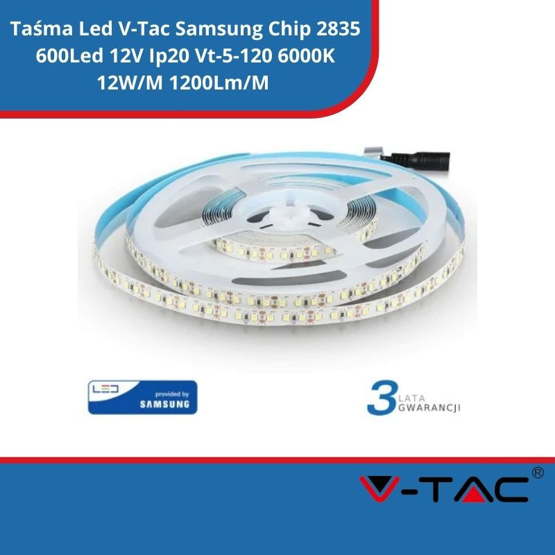 Taśma Led V-Tac Samsung Chip 2835 600Led 12V Ip20 Vt-5-120 6000K 12W/M 1200Lm/M 3 Lata Gwarancji