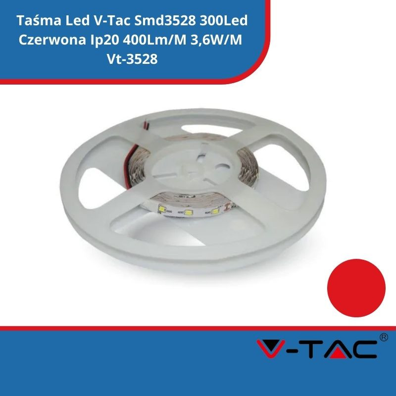 Taśma Led V-Tac Smd3528 300Led Czerwona Ip20 400Lm/M 3,6W/M Vt-3528