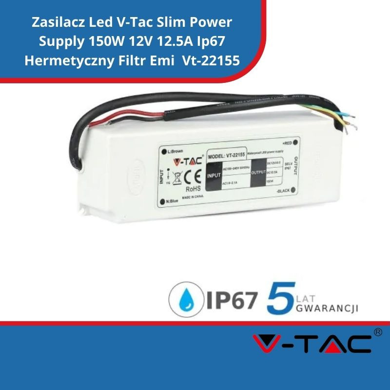Zasilacz Led V-Tac Slim Power Supply 150W 12V 12.5A Ip67 Hermetyczny Filtr Emi 5 Lat Gwarancji Vt-22155