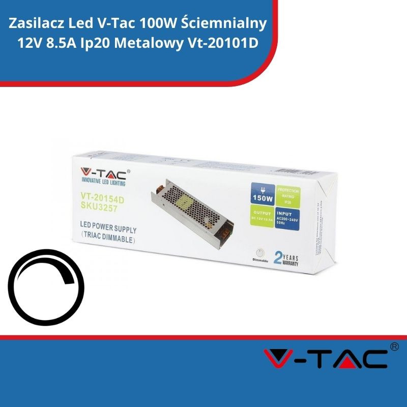 Zasilacz Led V-Tac 100W Ściemnialny 12V 8.5A Ip20 Metalowy Vt-20101D