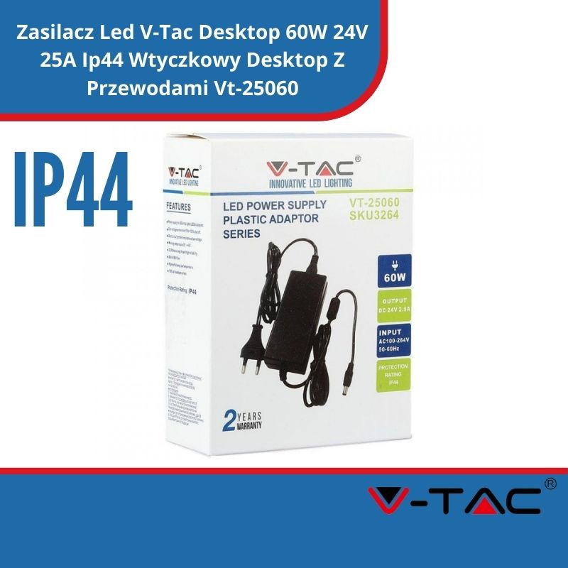Zasilacz Led V-Tac Desktop 60W 24V 25A Ip44 Wtyczkowy Desktop Z Przewodami Vt-25060