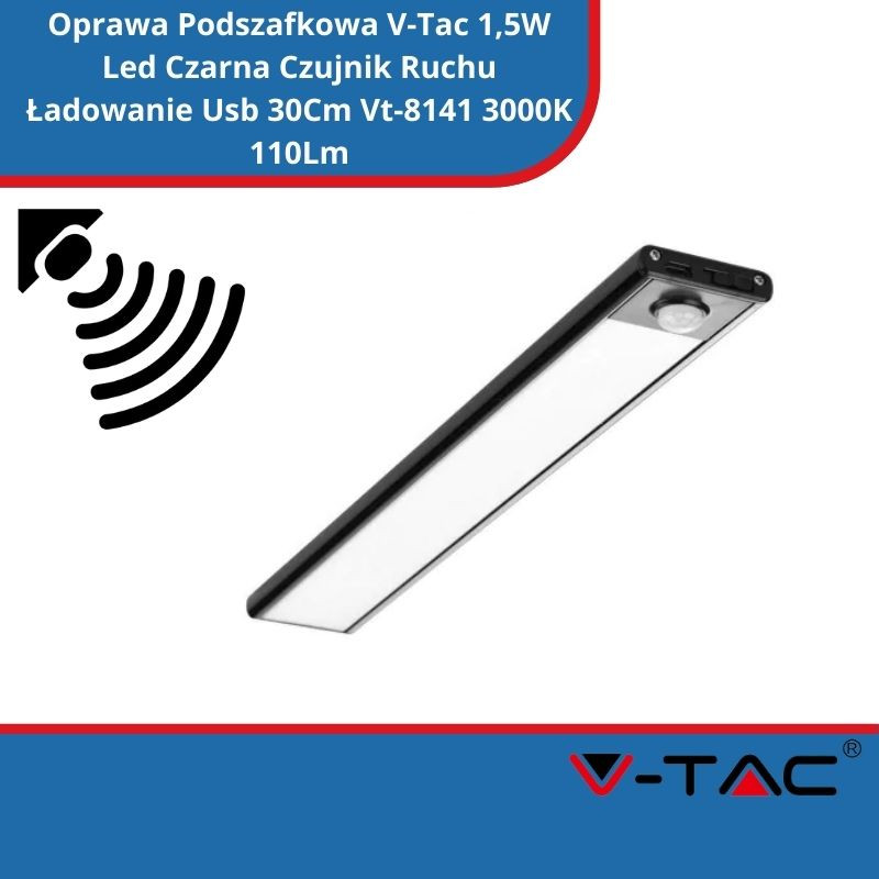 Oprawa Podszafkowa V-Tac 1,5W Led Czarna Czujnik Ruchu Ładowanie Usb 30Cm Vt-8141 3000K 110Lm
