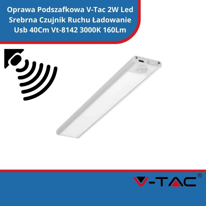 Oprawa Podszafkowa V-Tac 2W Led Srebrna Czujnik Ruchu Ładowanie Usb 40Cm Vt-8142 3000K 160Lm