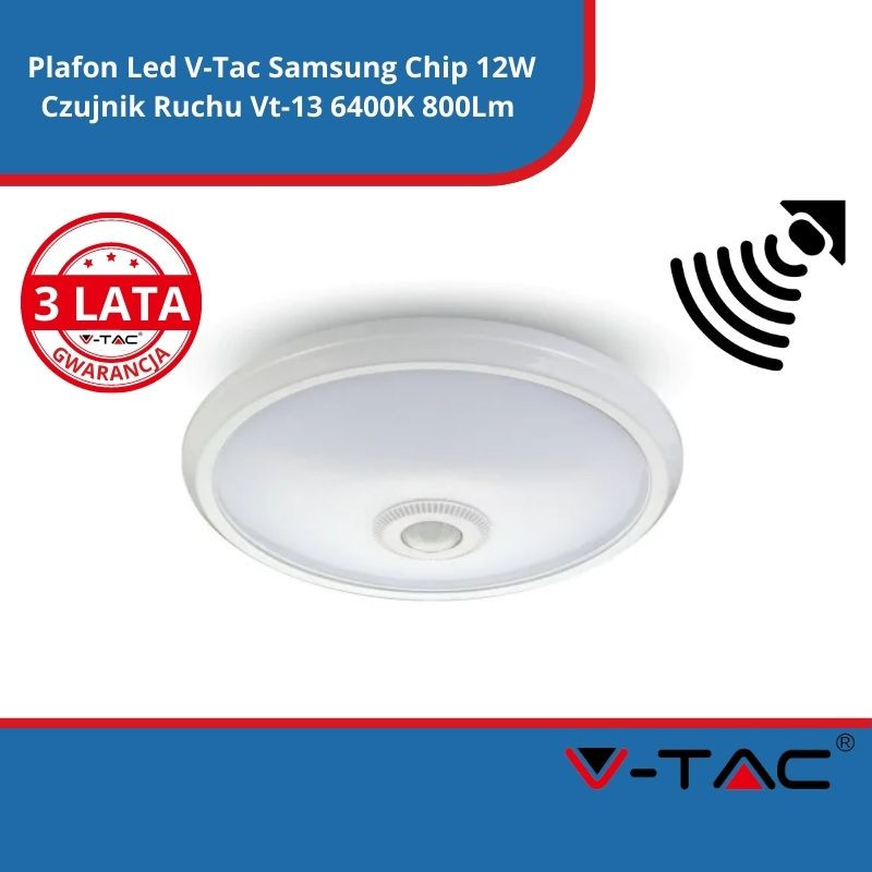 Plafon Led V-Tac Samsung Chip 12W Czujnik Ruchu Vt-13 6400K 800Lm 3 Lata Gwarancji